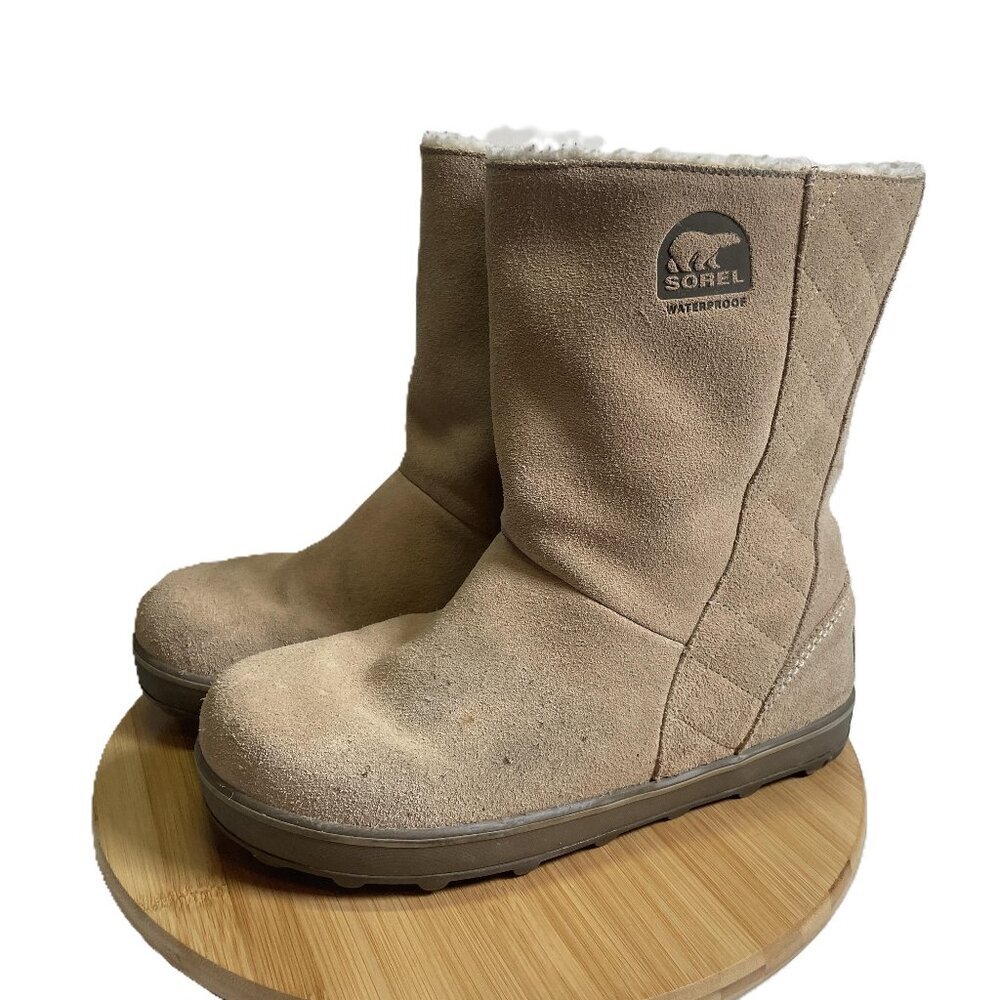 Sorel Women 10 Beige Suede Leather Glacy Boots Waterproof Sherpa Lined Winter